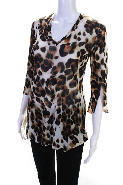 Cosabella Women's Animal Print Sheer 3/4 Sleeve V Neck Top Beige Size S
