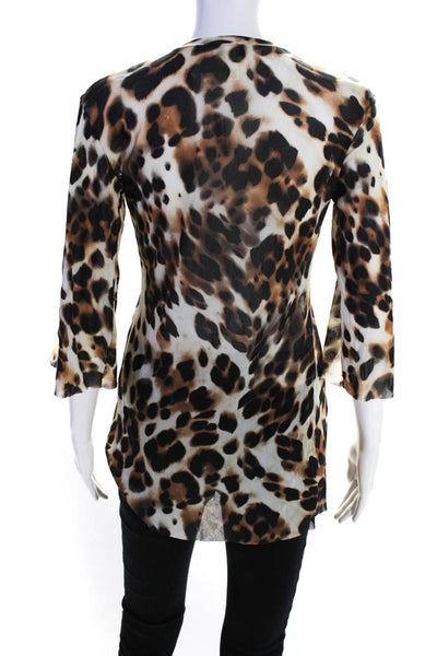 Cosabella Women's Animal Print Sheer 3/4 Sleeve V Neck Top Beige Size S