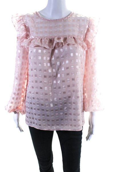 Shannon Mclean Womens Long Sleeve Satin Fil Coupe Ruffle Blouse Pink Size Medium