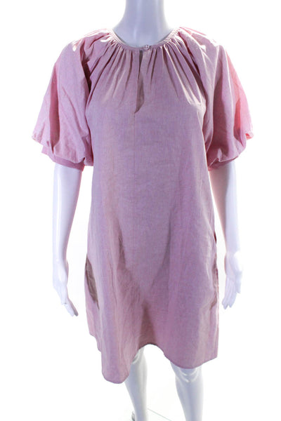 Shannon Mclean Womens Puff Sleeve Y Neck Shift Dress Pink Cotton Size Small