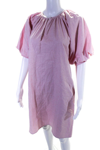 Shannon Mclean Womens Puff Sleeve Y Neck Shift Dress Pink Cotton Size Small