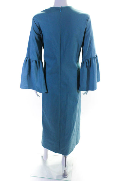 Shannon Mclean Womens Bell Sleeve Crew Neck Sateen Midi Dress Blue Size 6