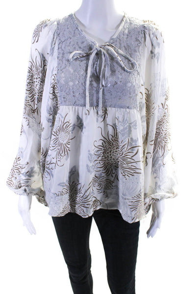 Shannon Mclean Womens Butterfly Floral Lace Top Blouse White Brown Gray Sz Small