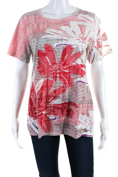 Atelier 5 Womens Red Cotton Striped Floral Print Short Sleeve Tee Top Size L