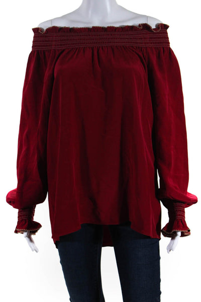 Shannon Mclean Womens Long Sleeve Smocked Off Shoulder Shirt Red Size Small