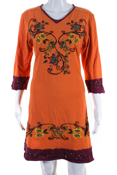 Double D Ranch Womens V Neck Beaded Floral Printed Shirt Dress Orange Medium