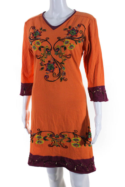 Double D Ranch Womens V Neck Beaded Floral Printed Shirt Dress Orange Medium