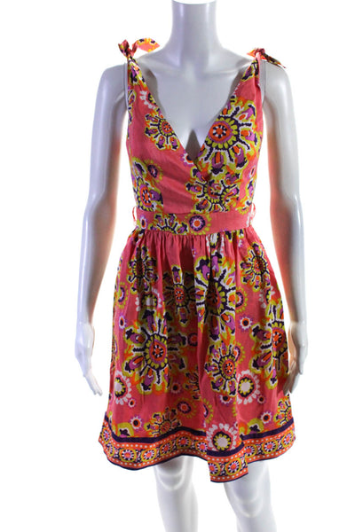 Trina Turk Womens Silk Abstract Print V Neck A Line Dress Pink Size 0