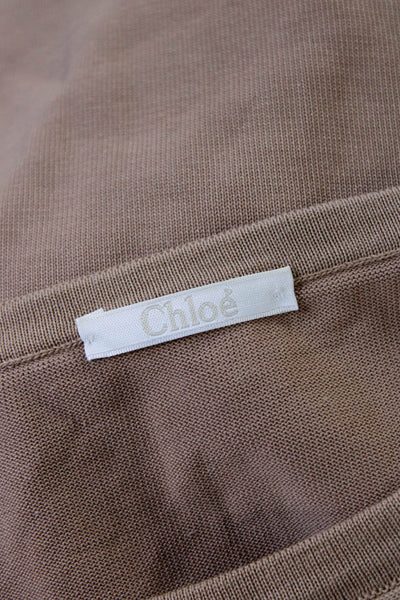 Chloe Womens Short Sleeve Scalloped Knit Mini Shirt Dress Brown Size Small