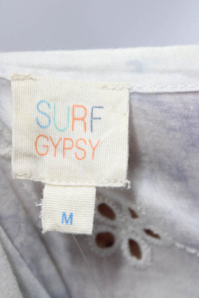 Surf Gypsy Women's Broderie V Neck Ruffle Mini Dress Blue White Size M