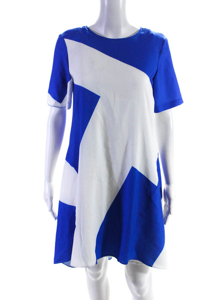 Donna Morgan Womens Scoop Neck Geometric Flare Midi Dress White Blue Size 2