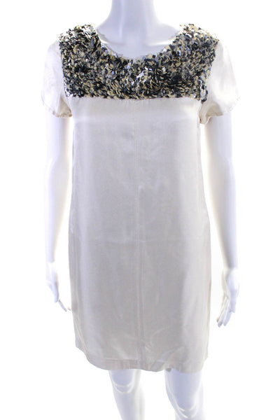 Vera Wang Lavender Label Womens Silk Sequin Cap Sleeve Shift Dress Ivory Size 6
