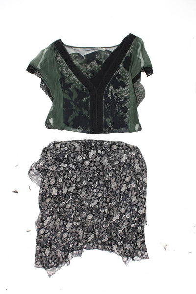 Elie Tahari Womens Floral Abstract Chiffon Top Blouse Skirt Size 6 Medium Lot 2