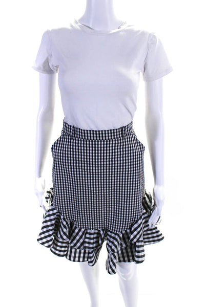House of Holland Womens Plaid Ruffled A Line Skirt Black White Cotton Size 4