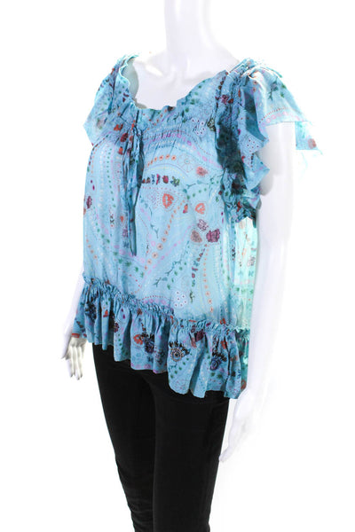 Zadig & Voltaire Womens Psyche Floral Flutter Sleeve Top Blouse Blue Size Medium