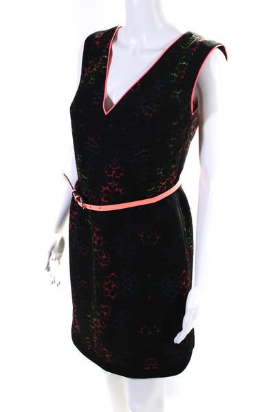 Sandro Womens Abstract Rainbow Belted V Neck Sheath Dress Black Hot Pink Size 3