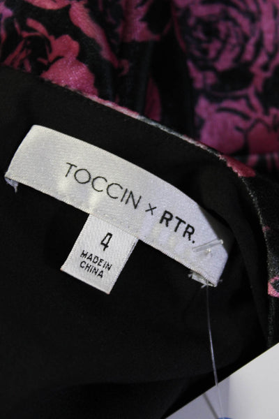 Toccin X RTR Womens Pink Black Velvet Floral Drape Long Sleeve Shift Dress Size4