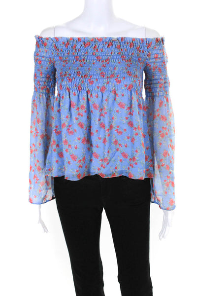 Intermix Women's Silk Floral Print Off Shoulder Long Sleeve Blouse Blue Size P
