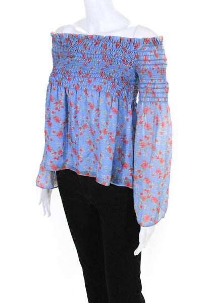Intermix Women's Silk Floral Print Off Shoulder Long Sleeve Blouse Blue Size P