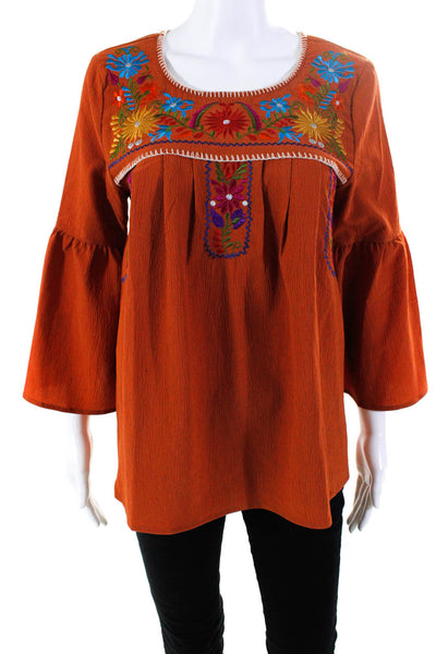Entro Womens Floral Embroidered Long Bell Sleeve Tunic Blouse Copper Size S
