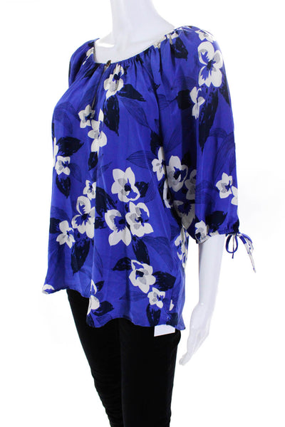 Yumi Kim Womens Silk Floral Print Key Hole Neck Blouse Blue Size Medium