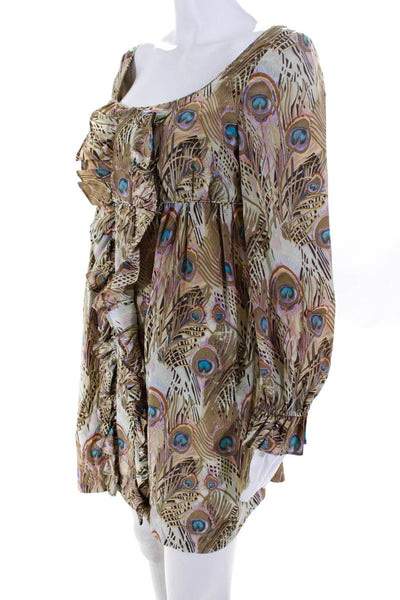 Lacey Parker Womens Silk Pea Cock Print Dress Multi Colored Size Medium