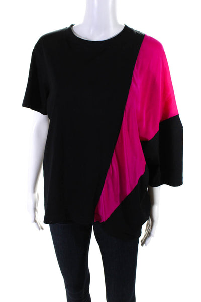 Barbara Bui Womens Short Sleeve Oversized Silk Trim Tee Shirt Black Pink Size XS