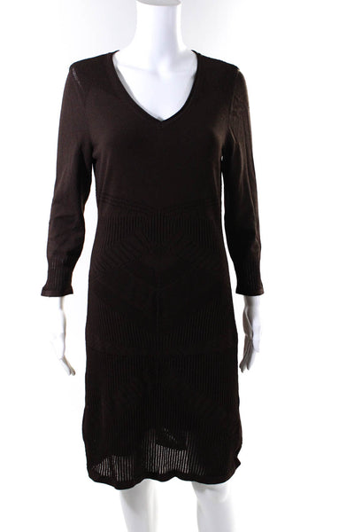 Etcetera Womens Mesh Long Sleeve Textured Striped V-Neck Midi Dress Brown Size S
