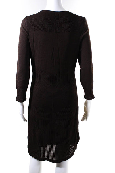 Etcetera Womens Mesh Long Sleeve Textured Striped V-Neck Midi Dress Brown Size S