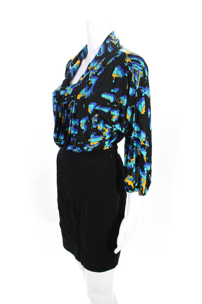 BCBGMAXAZRIA Womens Black Blue Printed Cowl Neck Long Sleeve Shift Dress Size 2