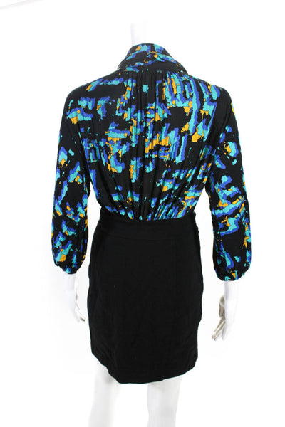 BCBGMAXAZRIA Womens Black Blue Printed Cowl Neck Long Sleeve Shift Dress Size 2