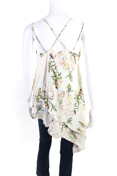 Haute Hippie Womens Silk Floral Spaghetti Strap Asymmetric Hem Top White Size XS