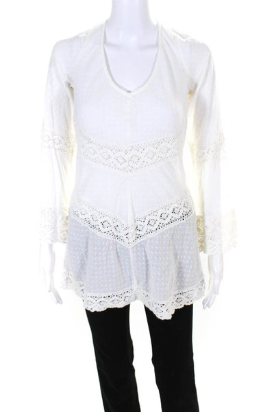 Free People Womens Cotton Textured Embroidered Spotted Tunic Top White Size S
