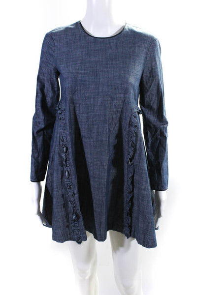 Piamita Women's Denim A Line Long Sleeve Crewneck Mini Dress Blue Size XS