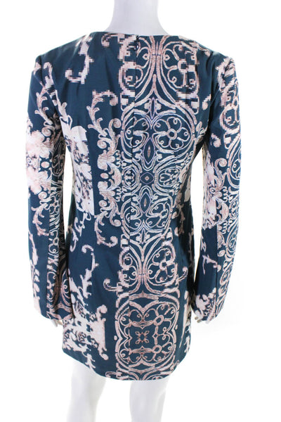 Nanette Lepore Womens Back Zip Long Sleeve Abstract Shift Dress Blue Pink Size 0