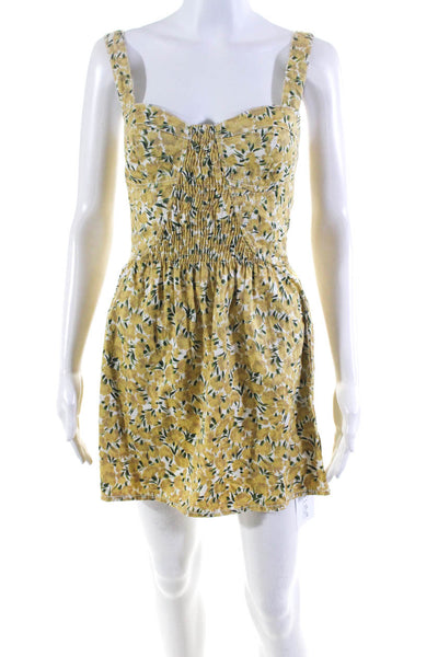 Free People Womens Floral Print A Line Dress Yellow Green Cotton Size 0