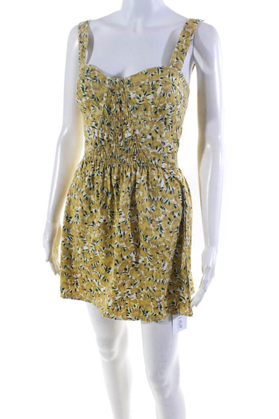 Free People Womens Floral Print A Line Dress Yellow Green Cotton Size 0