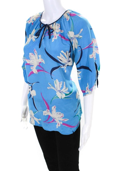 Yumi Kim Womens Blue Silk Floral V-neck Tie Neck Long Sleeve Blouse Top Size M