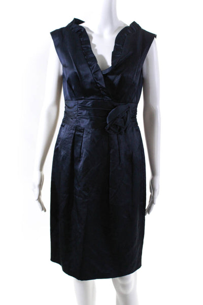 Nanette Lepore Womens V Neck Ruffle Trim Flower Solid Midi Dress Blue Size 8