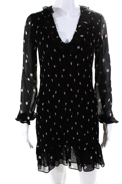 Intermix Womens Silk Chiffon Floral Smocked Fitted Mini Dress Black Size 2
