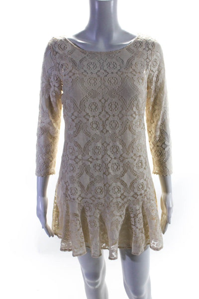 Free People Womens Floral Lace Long Sleeve Ruffled Shift Dress Beige Size 0