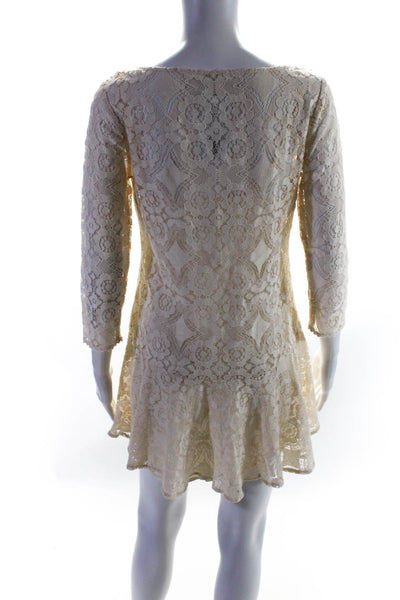Free People Womens Floral Lace Long Sleeve Ruffled Shift Dress Beige Size 0