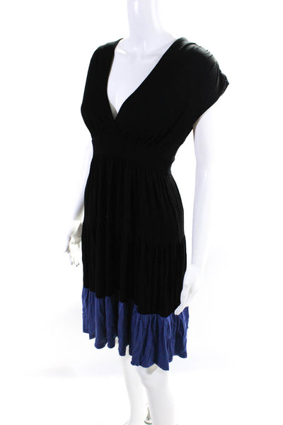 Ella Moss Womens Color Block Jersey Surplice A Line Dress Black Blue Size XS