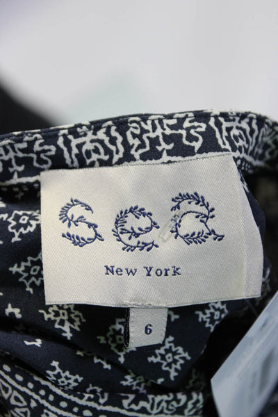 Sea Womens Silk Crepe Geometric Print V-Neck Long Sleeve Blouse Top Navy Size 6