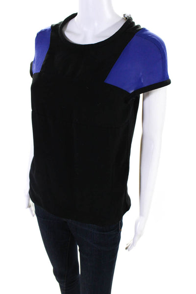 Maje Womens Black Blue Silk Color Block Crew Neck Short Sleeve Blouse Top Size 1