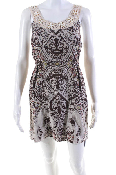 Free People Womens Floral Print Beaded Sleeveless Dress Brown Cotton Size 4