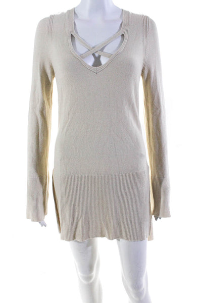 Free People Womens Cross Strap V Neck Sweater Beige Size Small