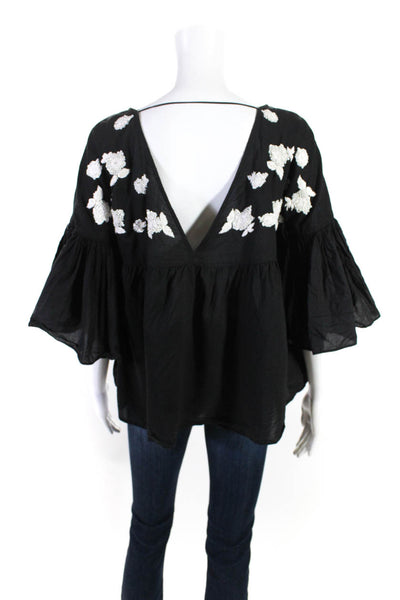 Maeve Anthropologie Womens Embroidered V Neck Blouse Black Size Extra Small