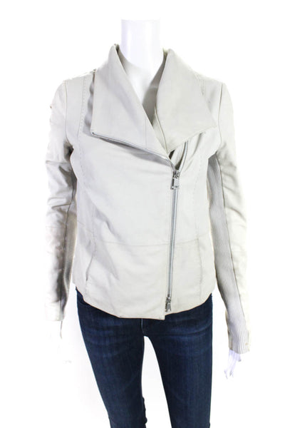 Vince Womens Front Zip Ribbed Trim Leather Jacket Beige Size Small