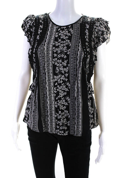 Sea Womens Floral Textured Mesh Ruffled Tied Short Sleeve Blouse Black Size 4